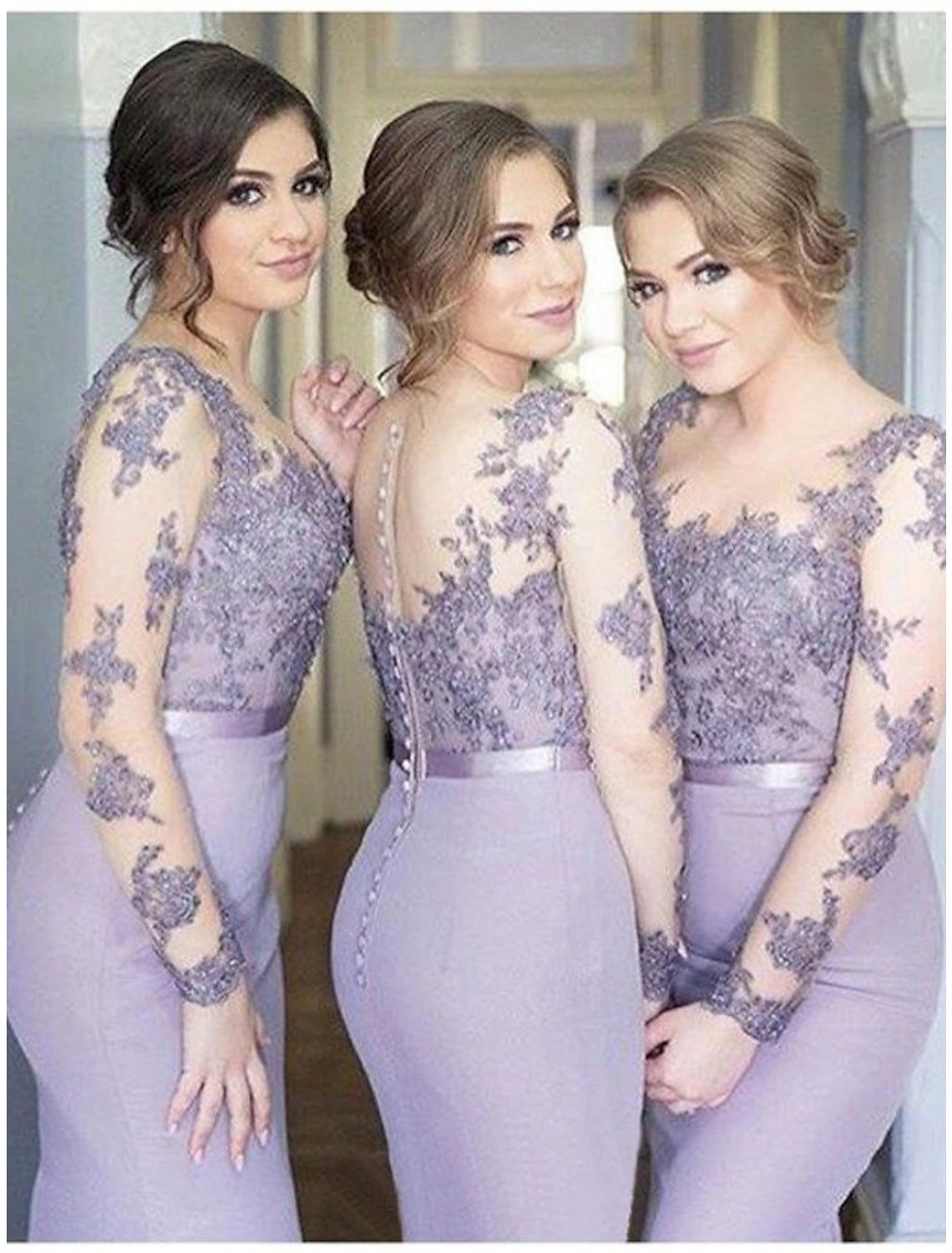 Wholesale Mermaid / Trumpet Bridesmaid Dress Jewel Neck Long Sleeve Elegant Floor Length Chiffon with Sash / Ribbon / Buttons